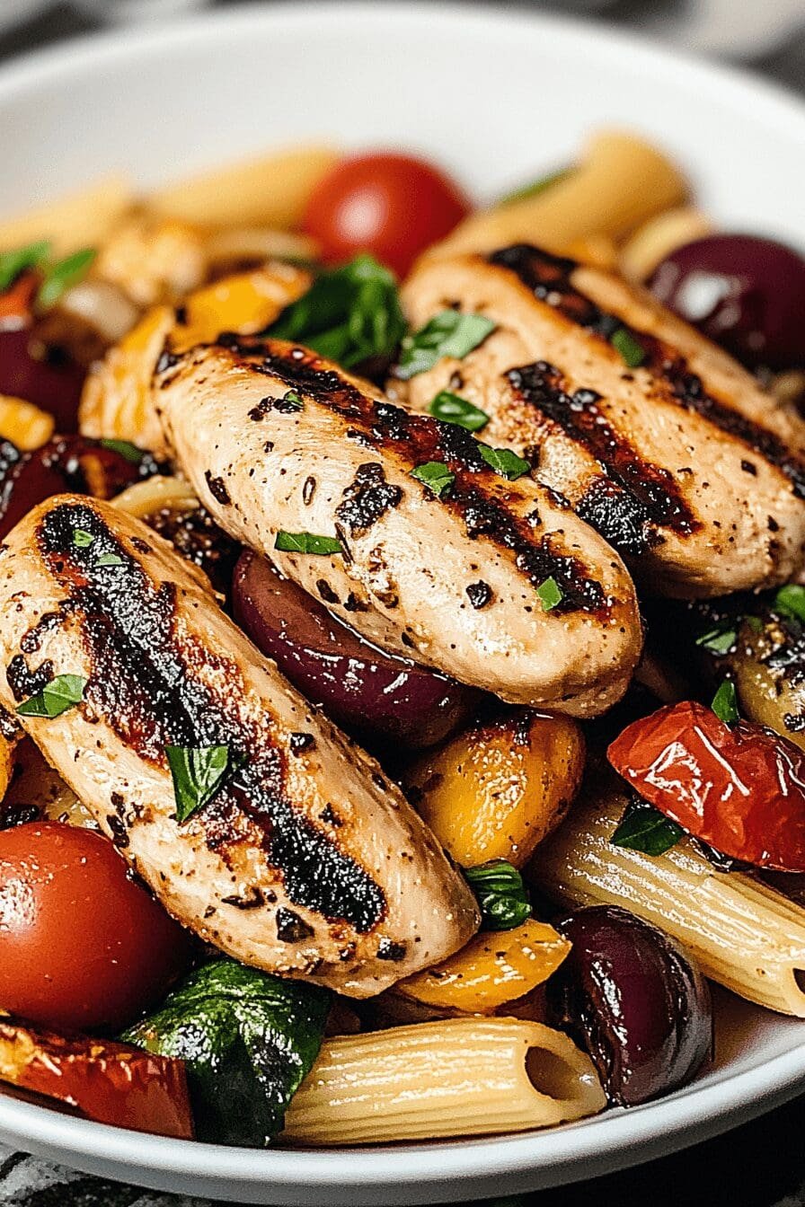 balsamic roasted veggie pasta with grilled chicken