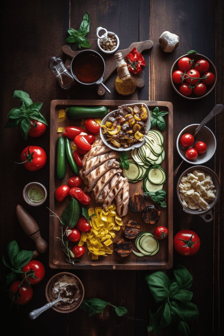 balsamic roasted veggie pasta with grilled chicken