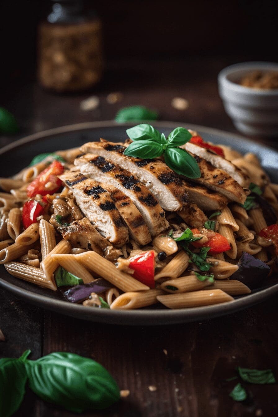 balsamic roasted veggie pasta with grilled chicken