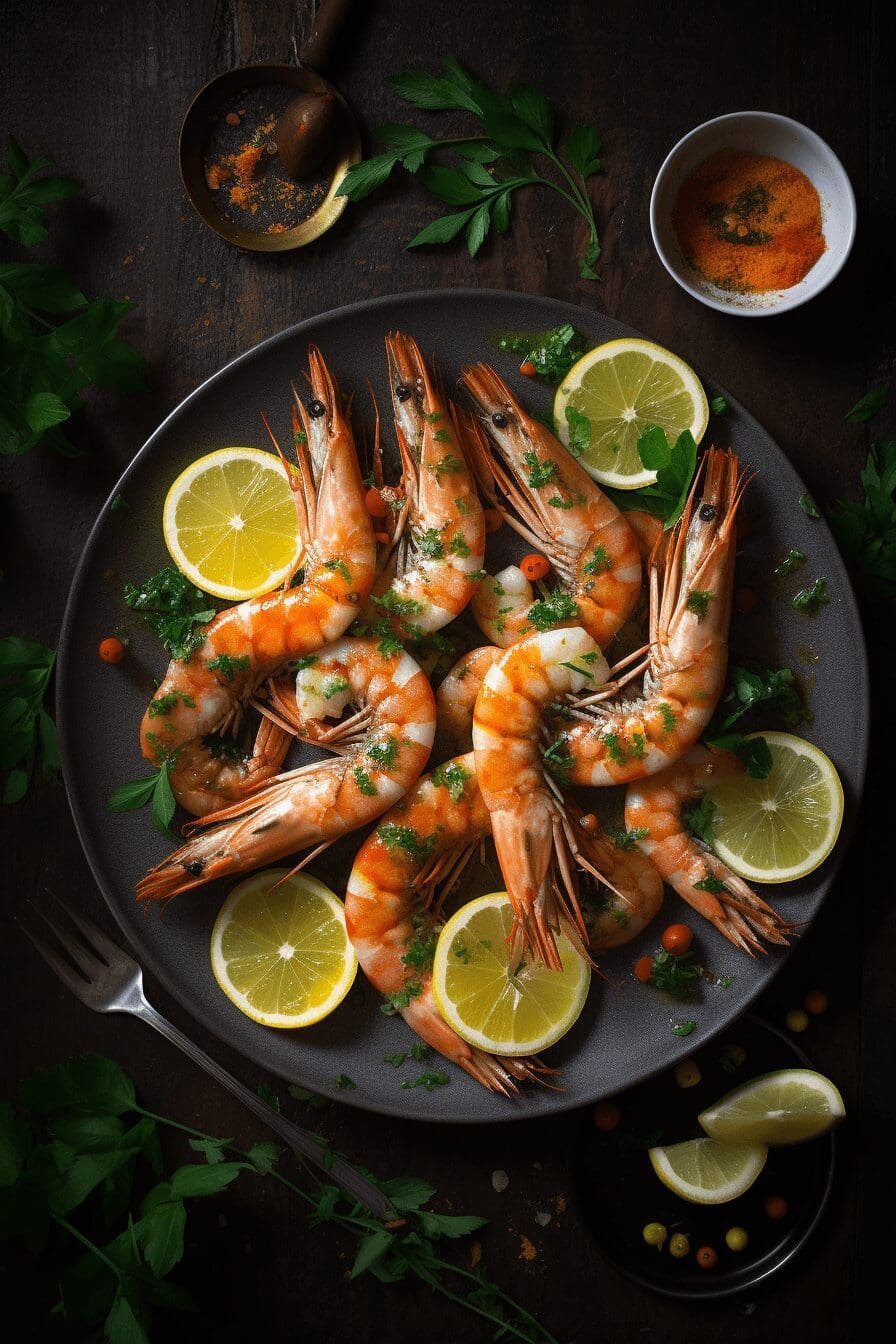 char grilled king prawns with lemon
