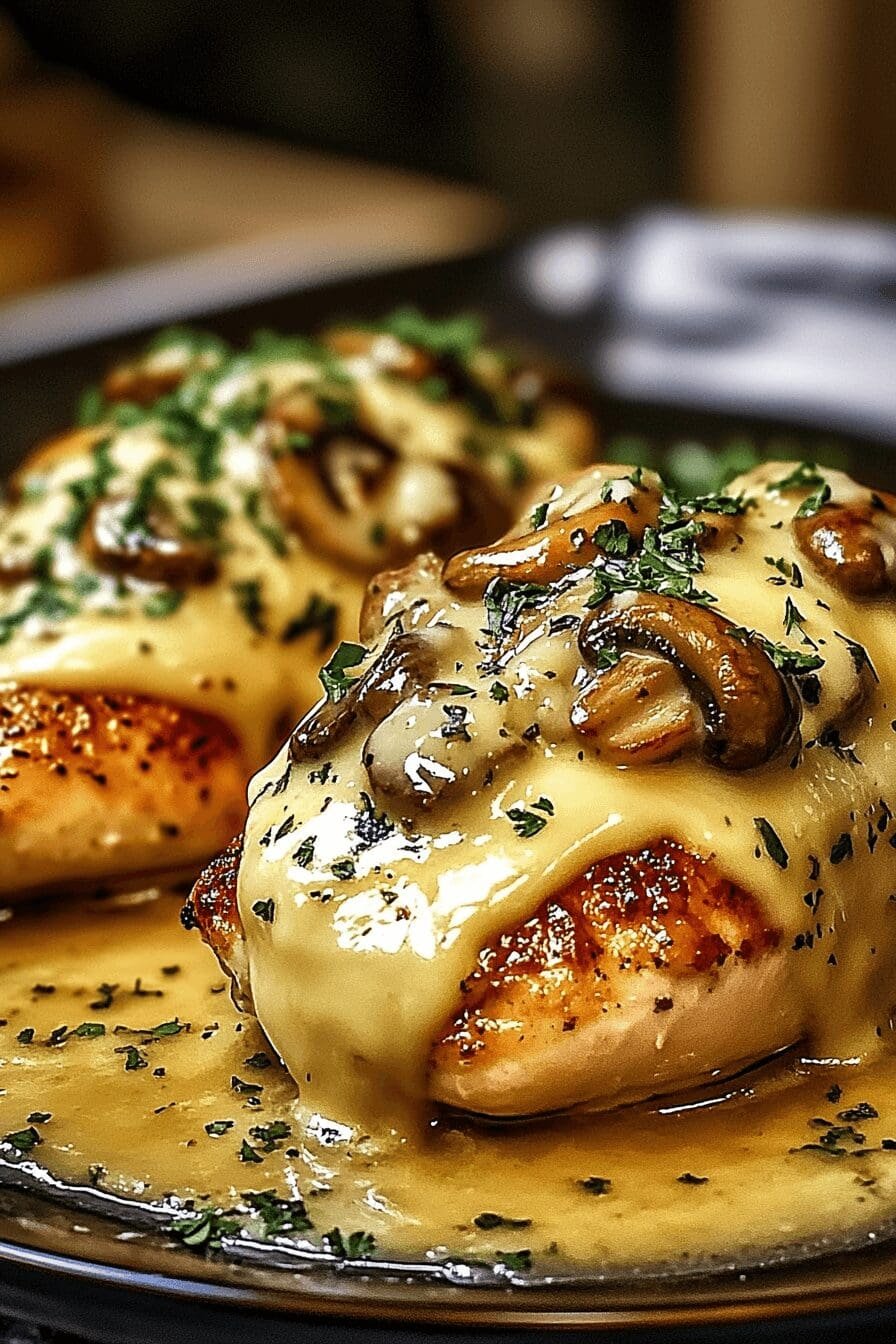 cheesy garlic butter mushroom stuffed chicken