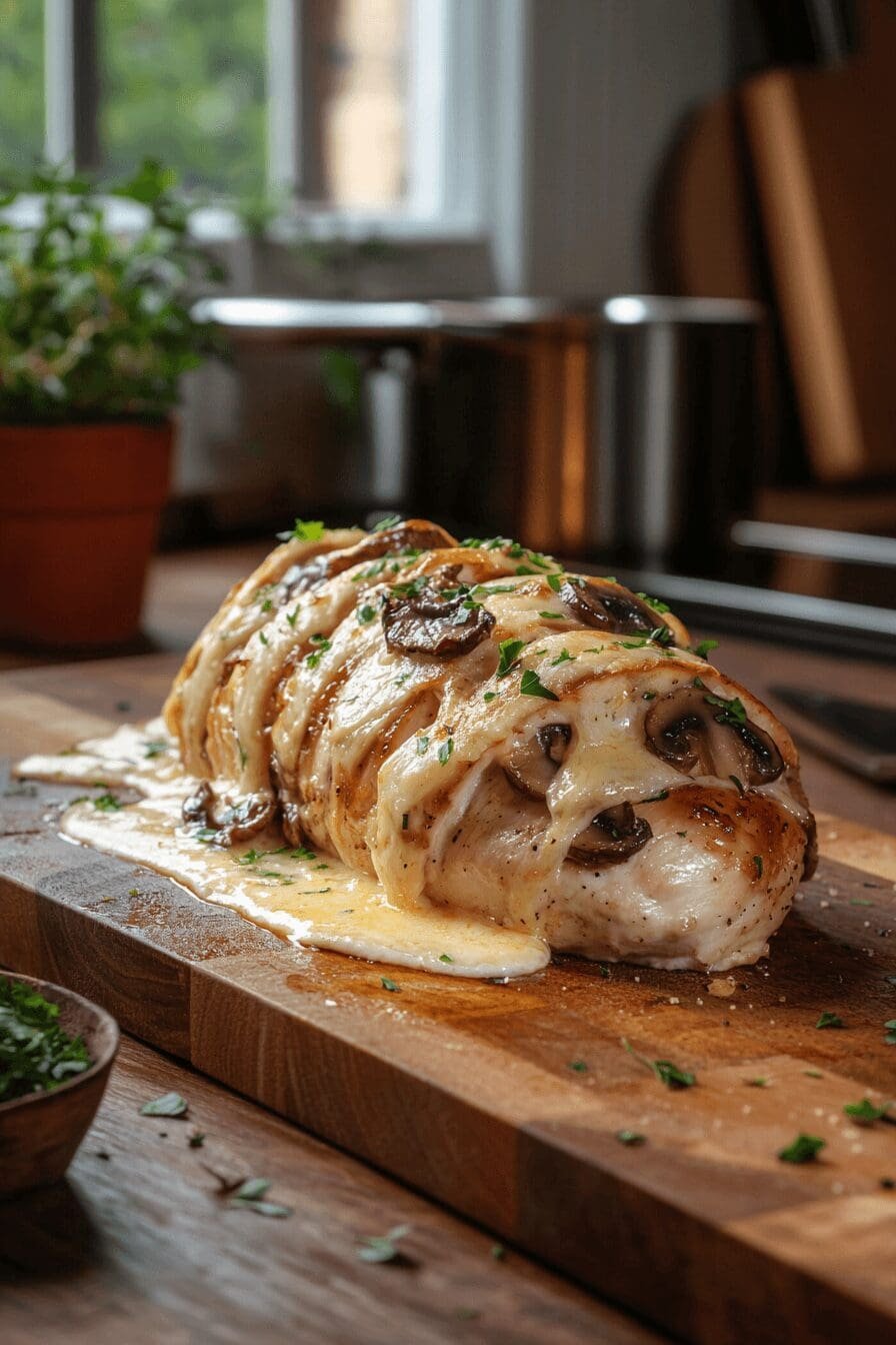 cheesy garlic butter mushroom stuffed chicken