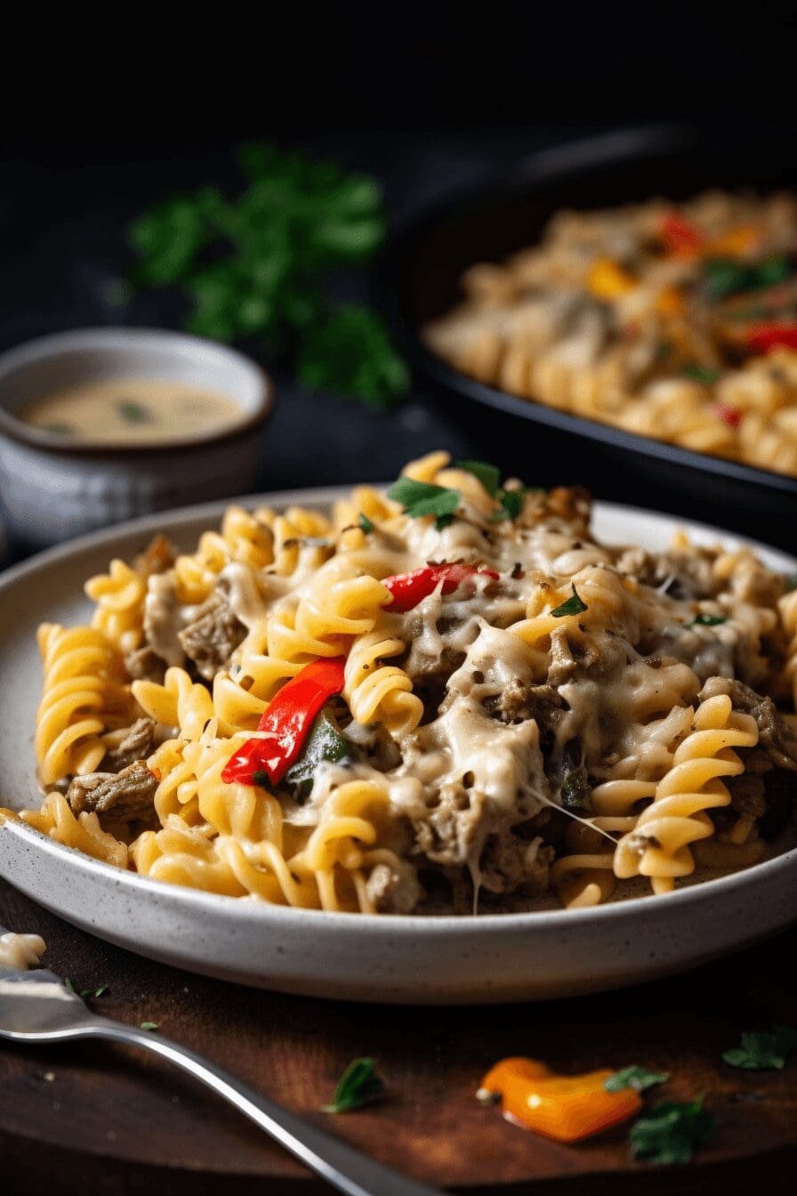 crockpot philly cheesesteak pasta casserole