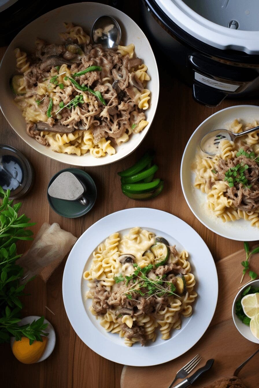 crockpot philly cheesesteak pasta casserole