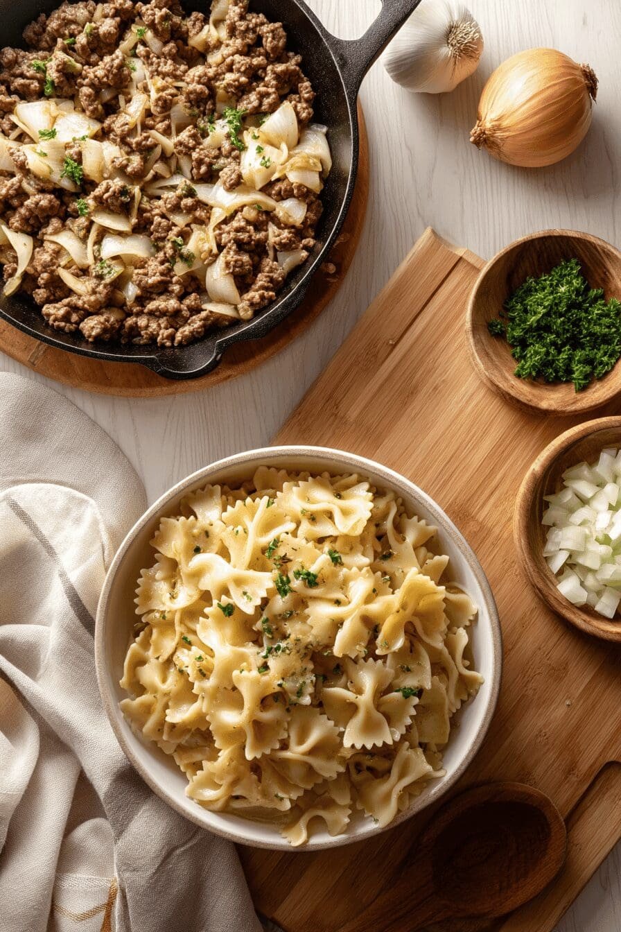 creamy beef and bowtie pasta