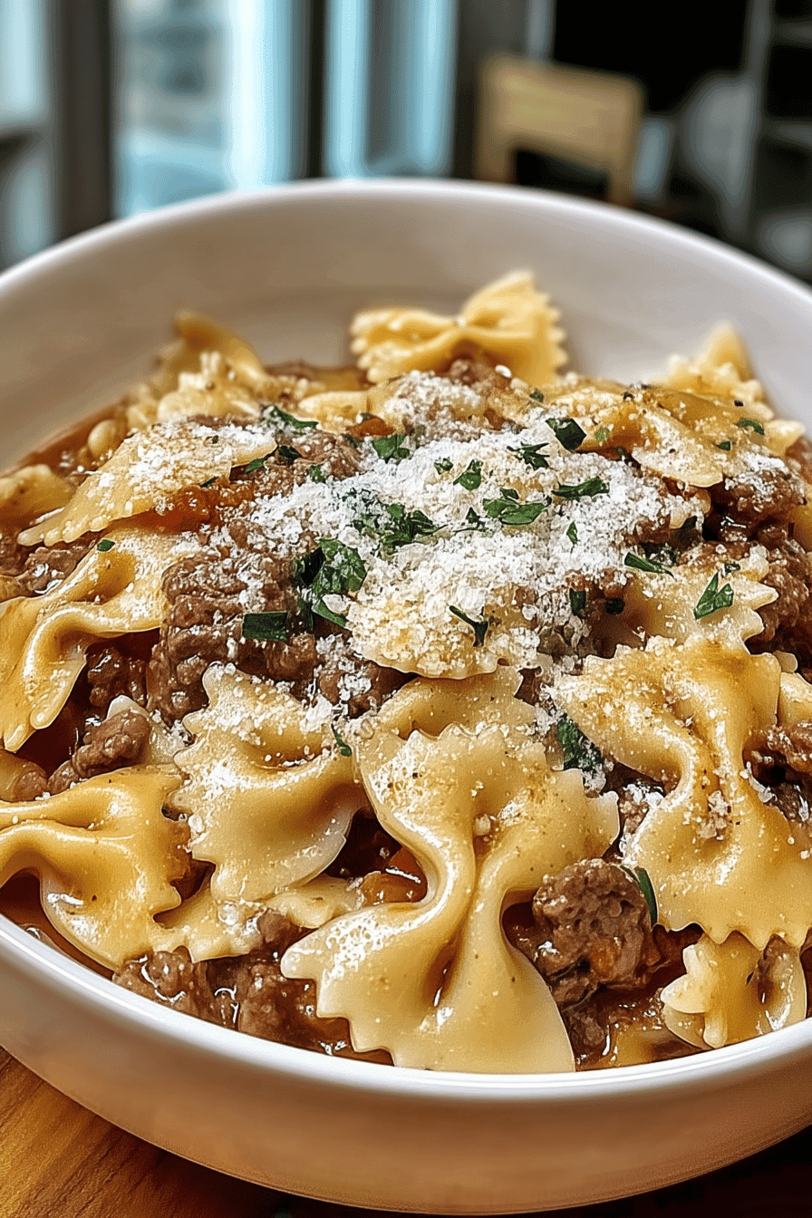 creamy parmesan garlic beef bowtie pasta