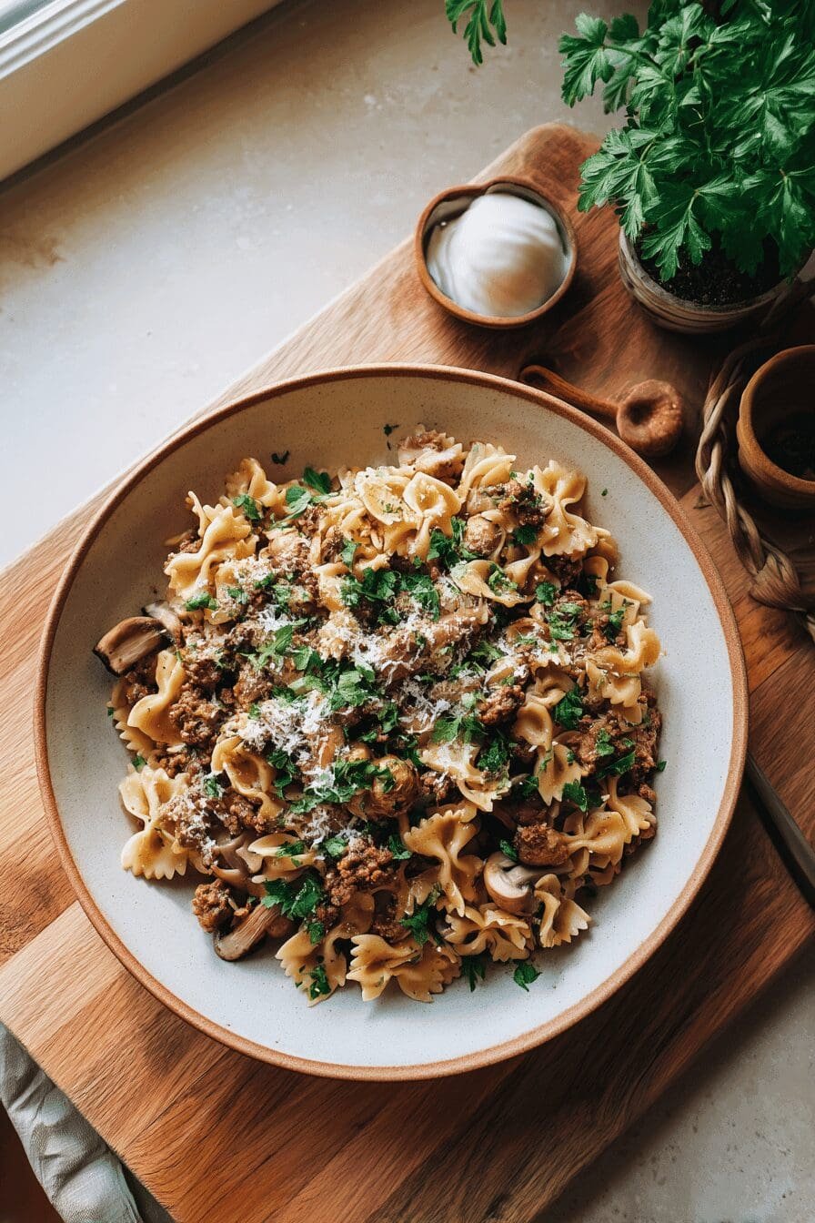 creamy parmesan garlic beef bowtie pasta