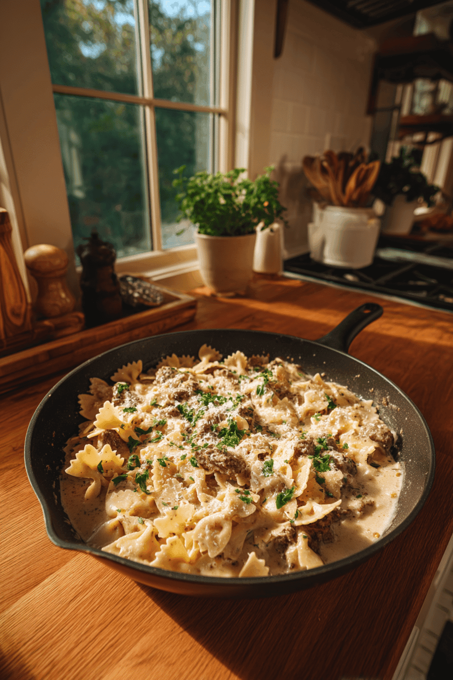 creamy parmesan garlic beef bowtie pasta