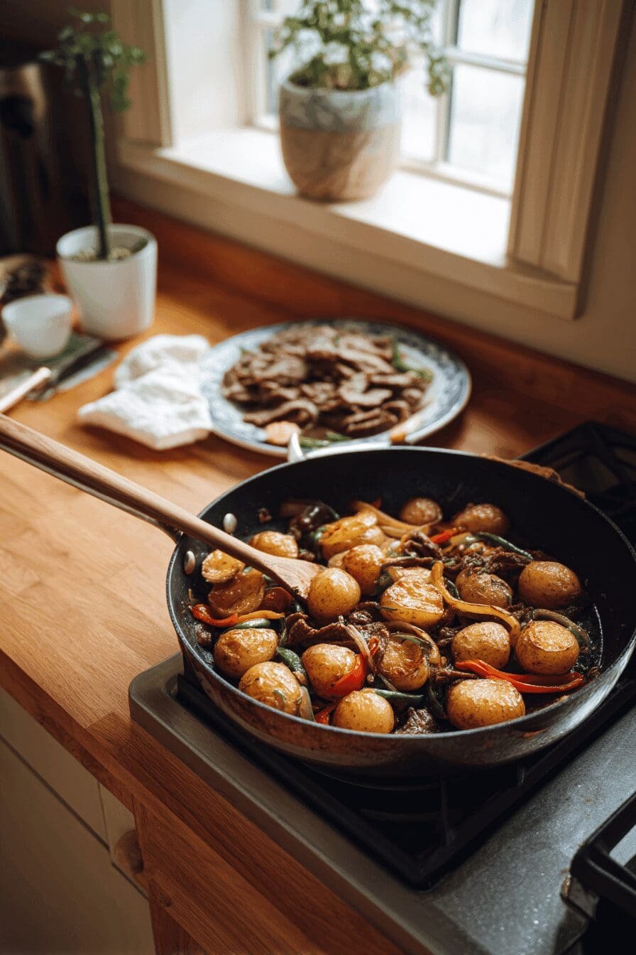 crispy potatoes saucy beef