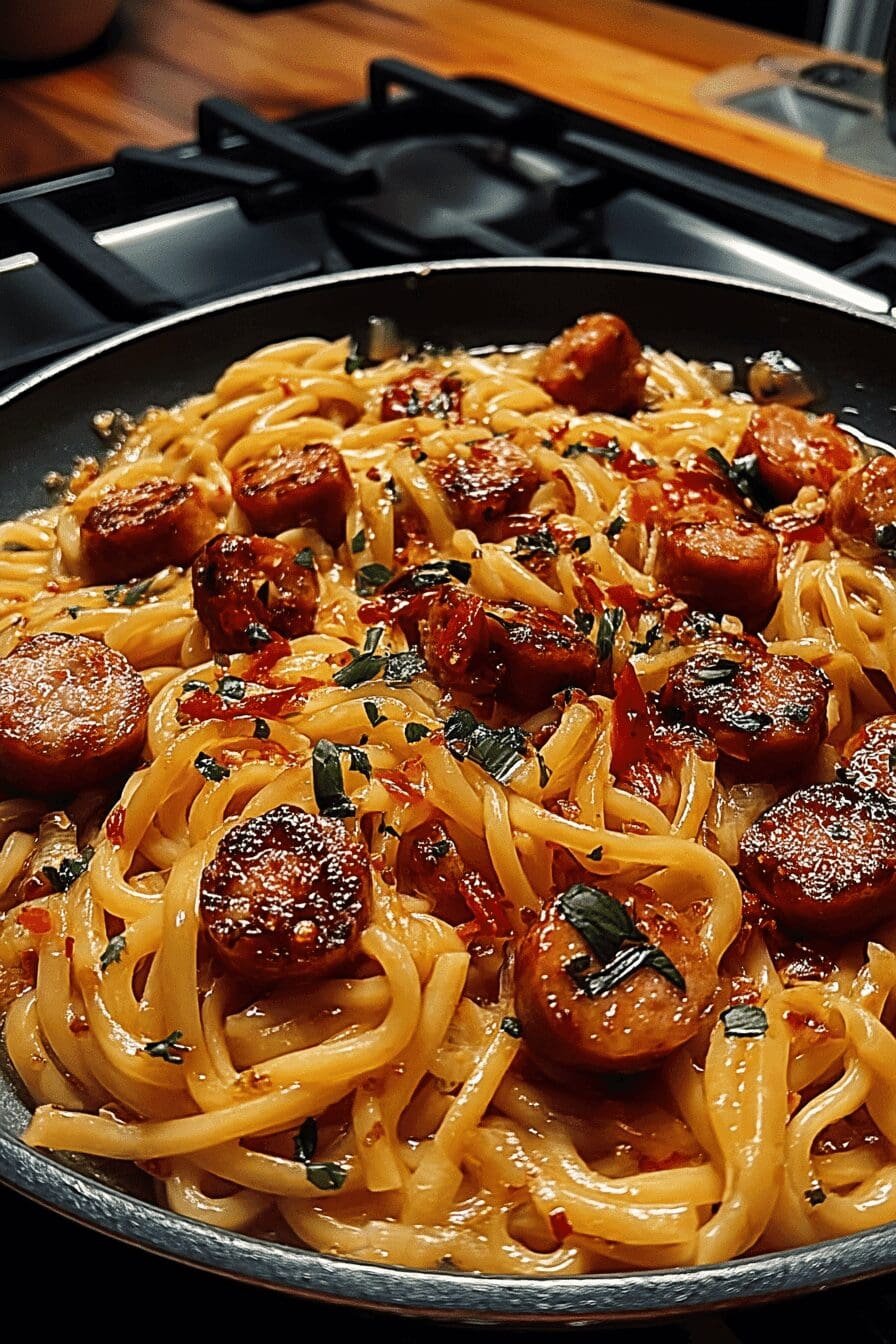 sticky honey garlic sausage pasta skillet 2.png