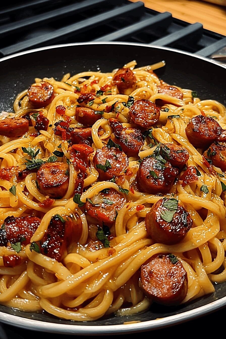 sticky honey garlic sausage pasta skillet