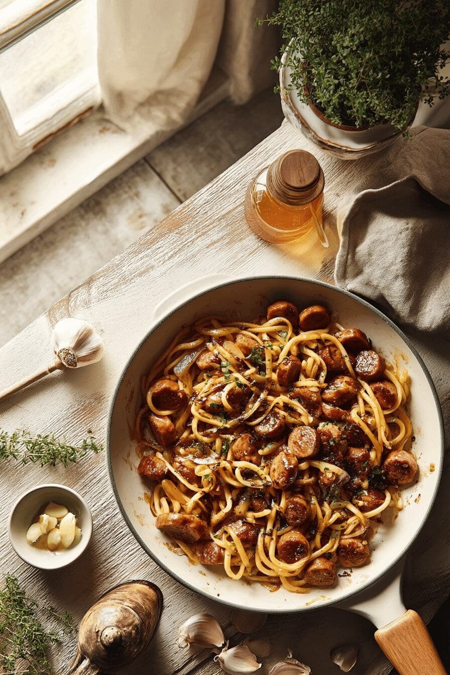 sticky honey garlic sausage pasta skillet