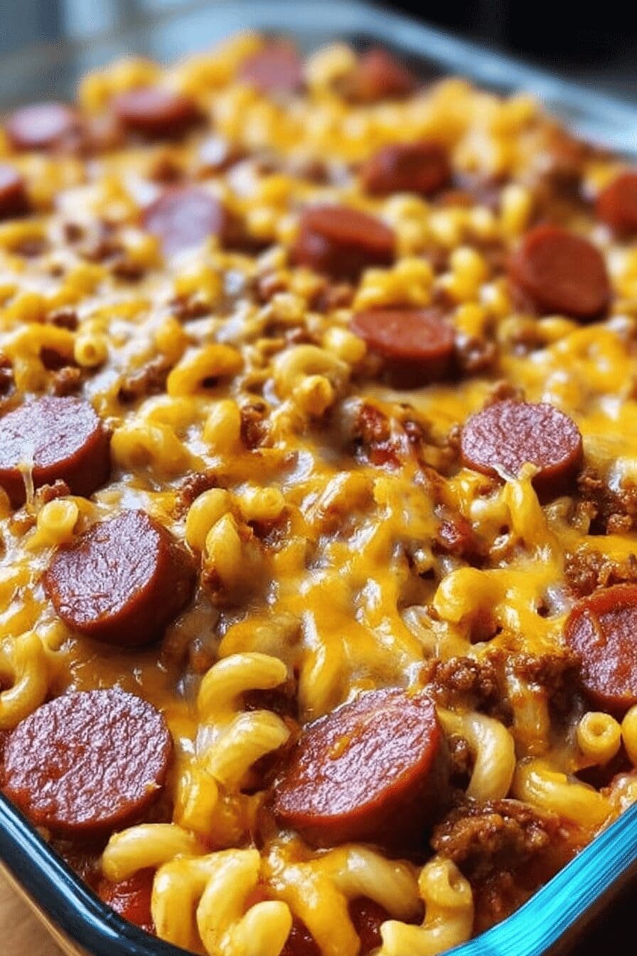 Chili Cheese Dog Pasta Bake
