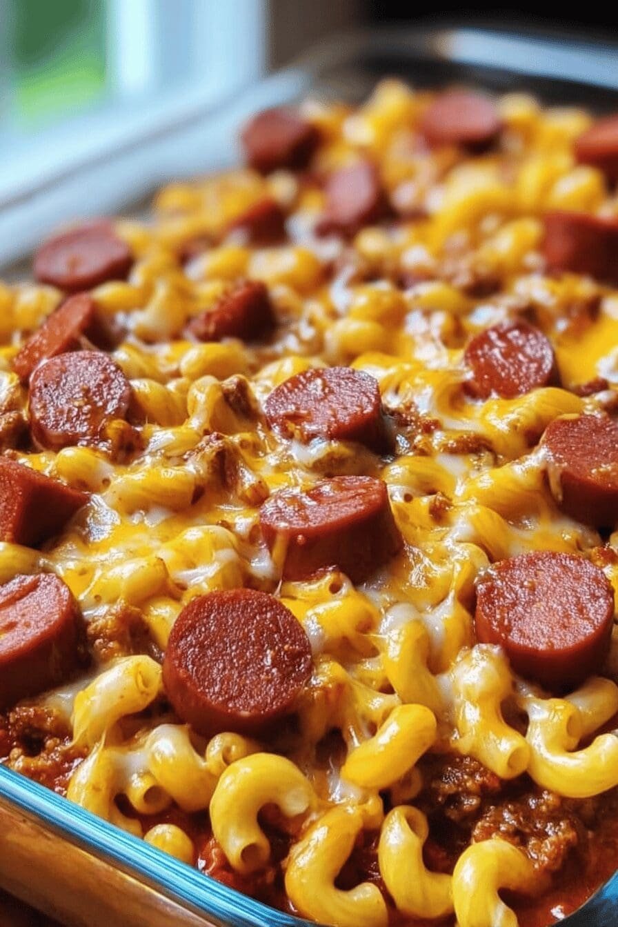 Chili Cheese Dog Pasta Bake