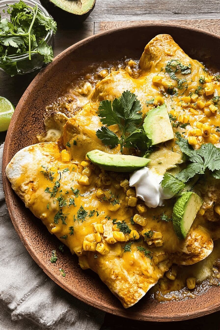 Chipotle Cheddar Corn Chicken Enchiladas