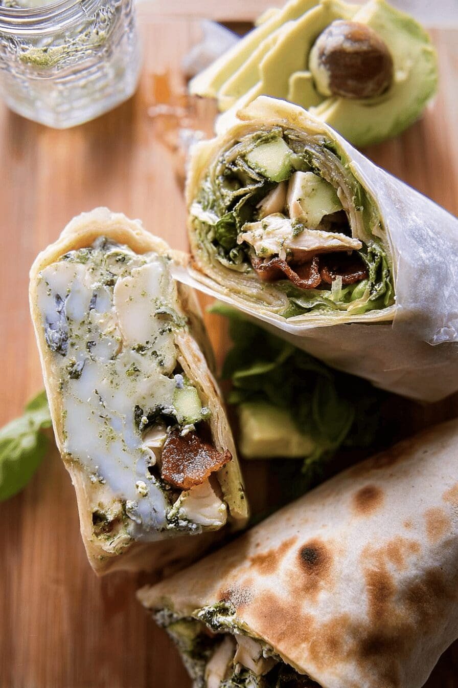 Pesto Chicken And Avocado Bacon Salad Wraps