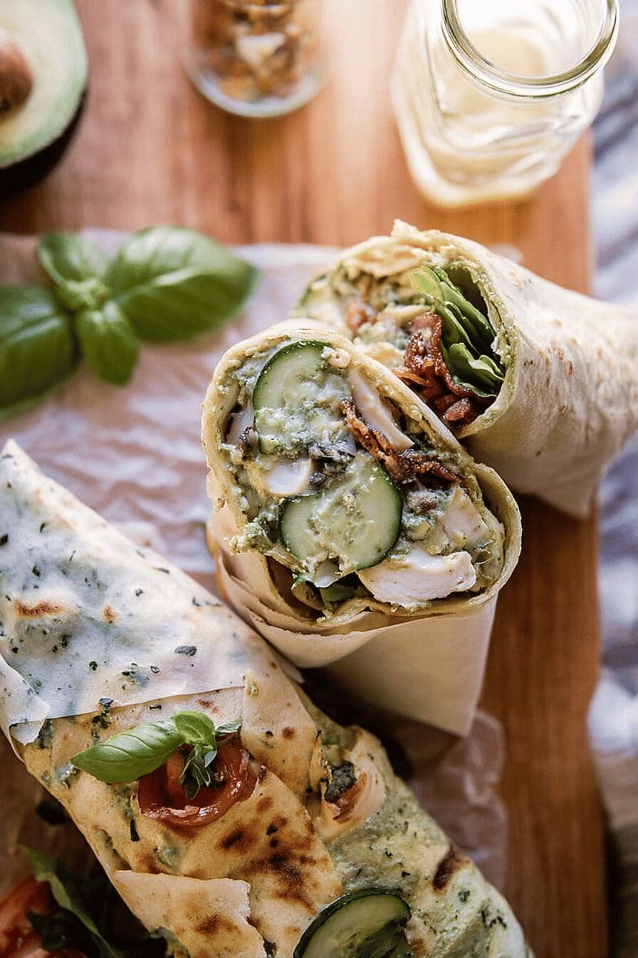 Pesto Chicken And Avocado Bacon Salad Wraps