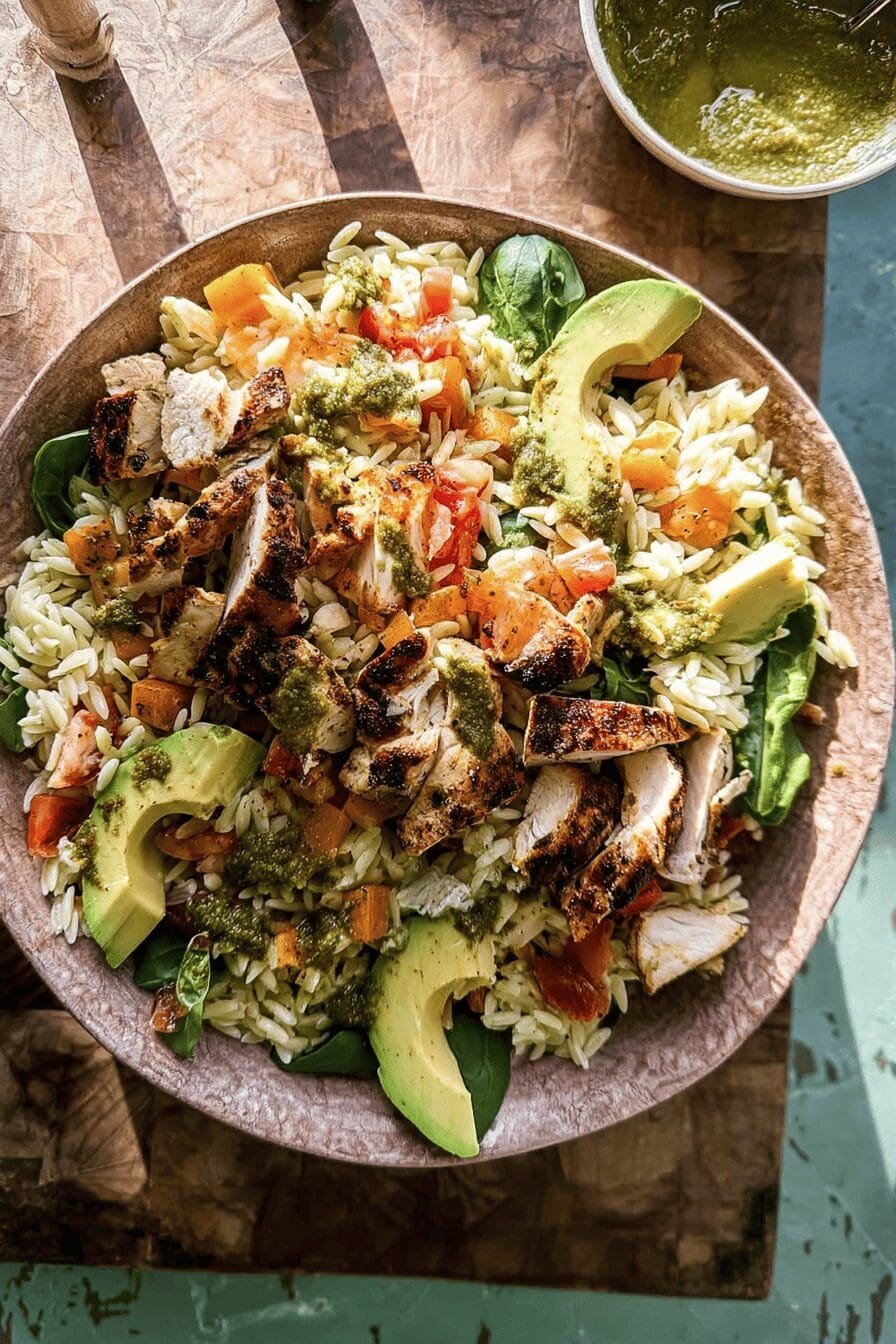 Pesto Chicken Avocado Orzo Salad