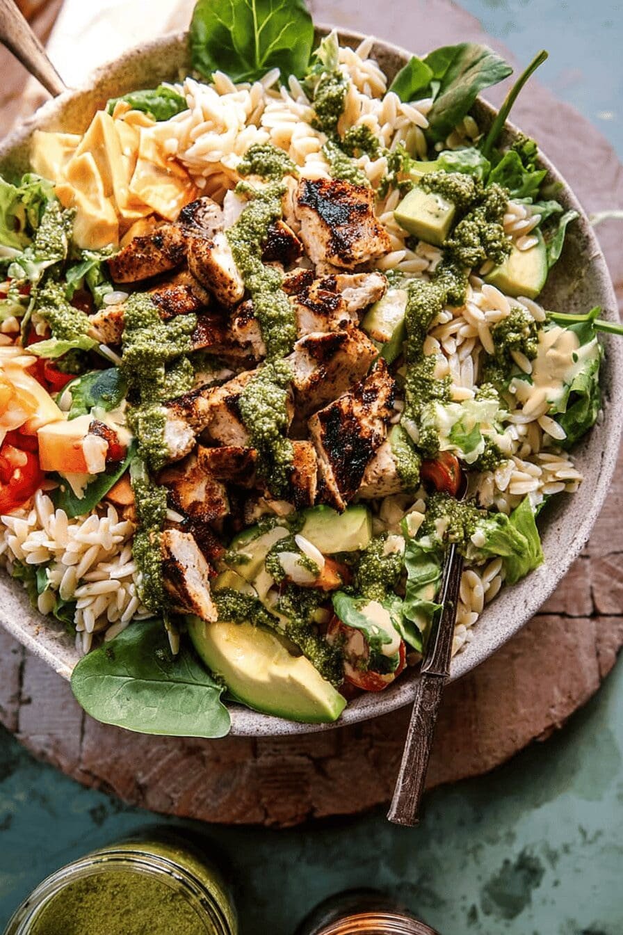 Pesto Chicken Avocado Orzo Salad