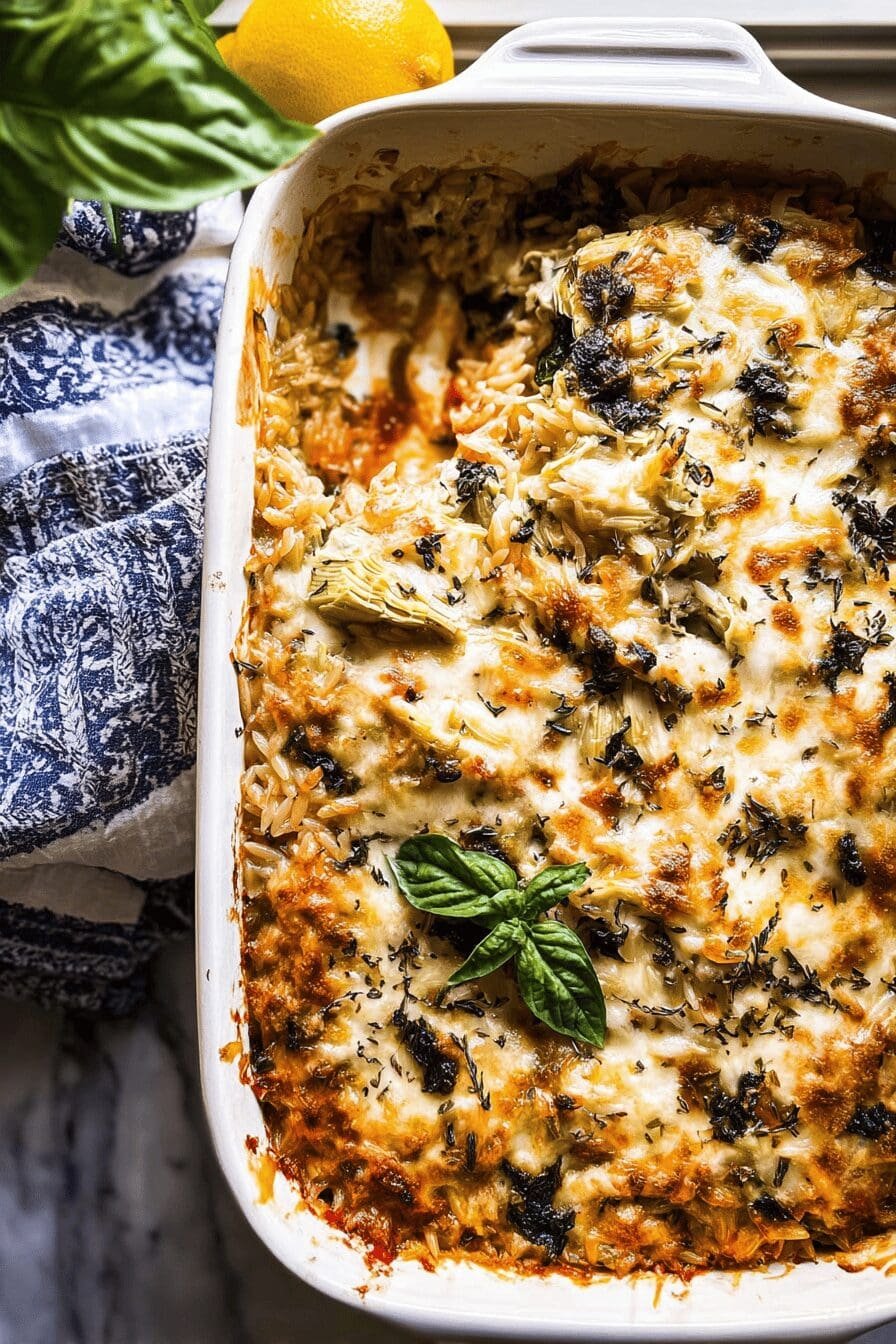 Spinach And Artichoke Orzo Bake