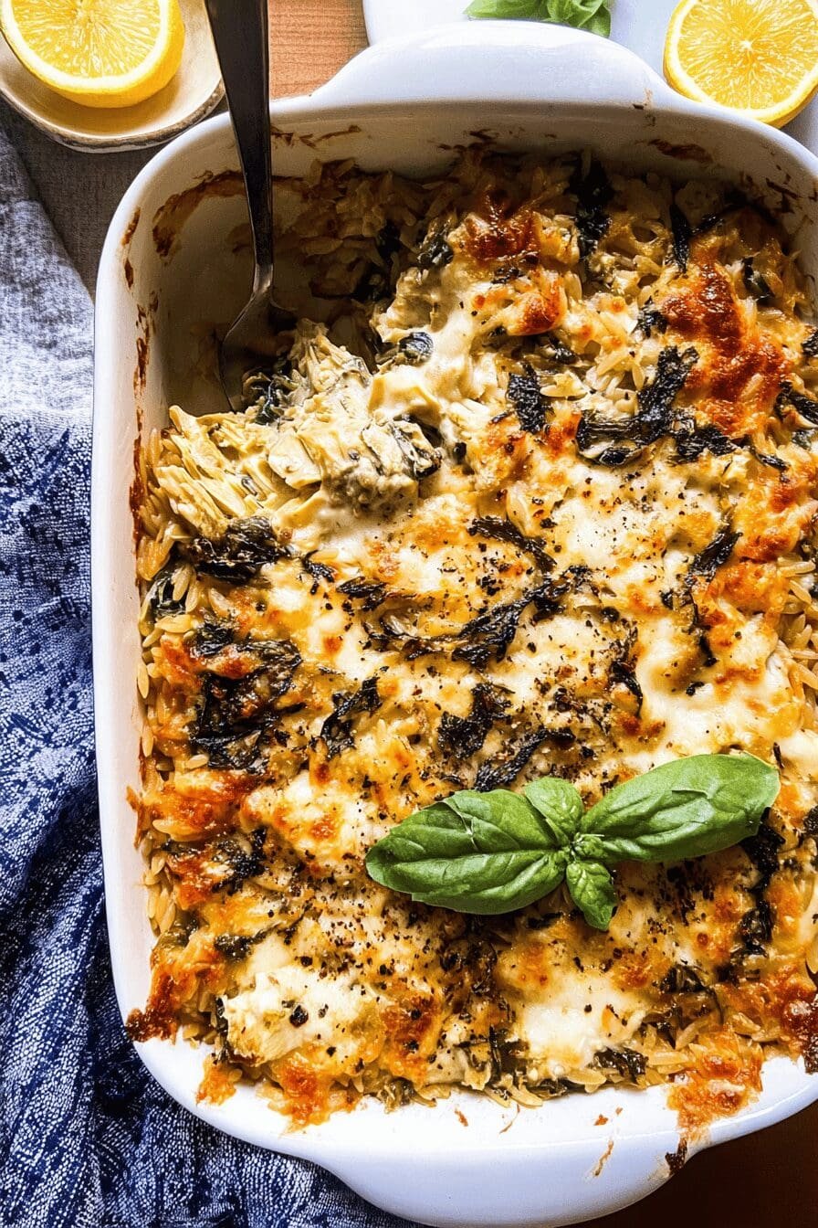Spinach And Artichoke Orzo Bake