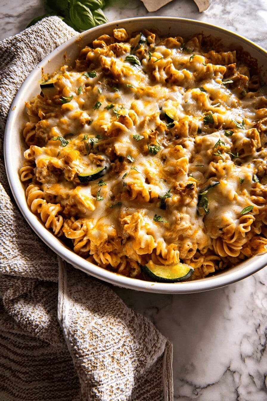 Zucchini Cheddar Chicken Noodle Casserole