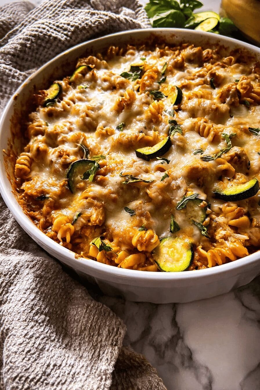 Zucchini Cheddar Chicken Noodle Casserole
