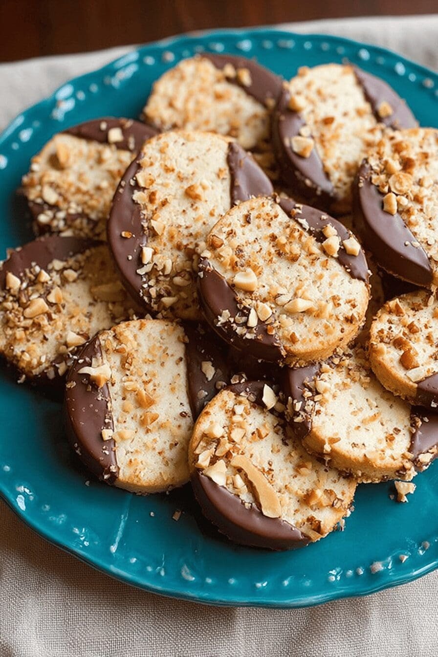 Chocolate Dipped Toffee Pecan Shortbread Cookies