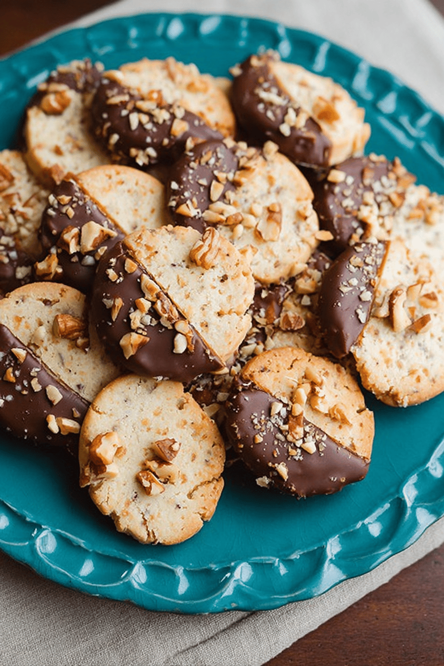 Chocolate Dipped Toffee Pecan Shortbread Cookies