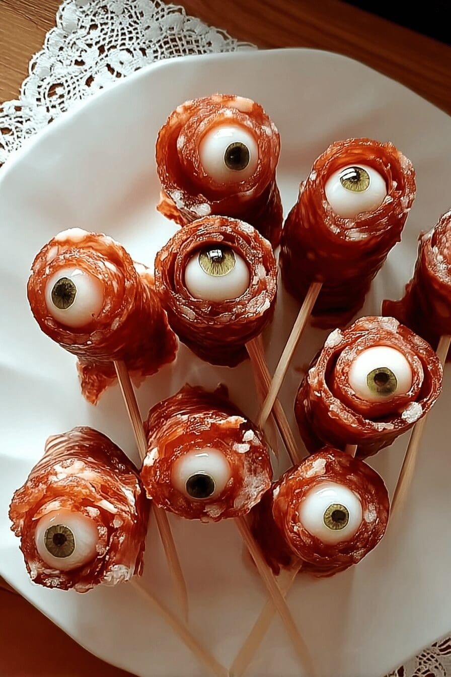 Creepy Skewered Salami Eyeballs