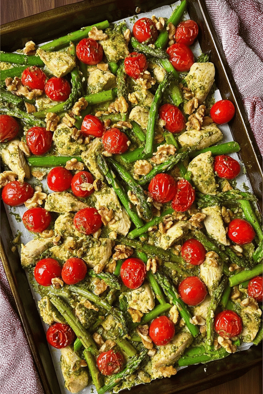 Sheet Pan Pesto Chicken Asparagus Tomatoes Walnuts