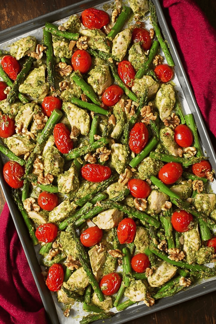 Sheet Pan Pesto Chicken Asparagus Tomatoes Walnuts