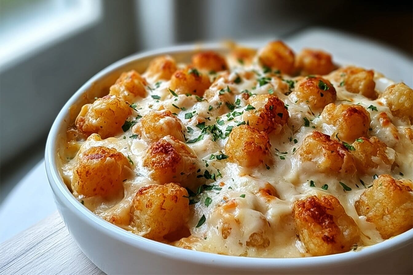 Creamy Chicken Alfredo Tater Tot Bake