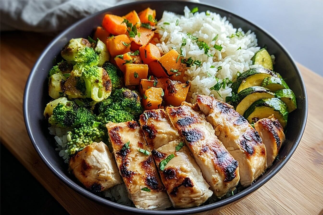 Grilled Chicken Garlic Veggie Rice Bowl