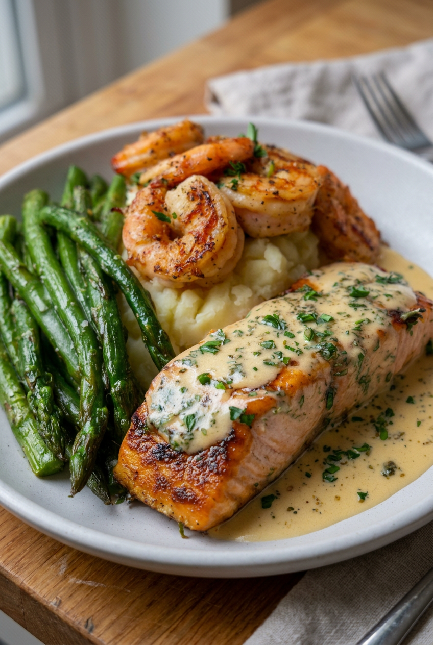 Cajun Shrimp And Salmon With Garlic Cream Sauce