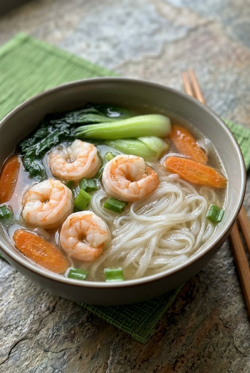 Chinese Rice Noodle Soup With Shrimp