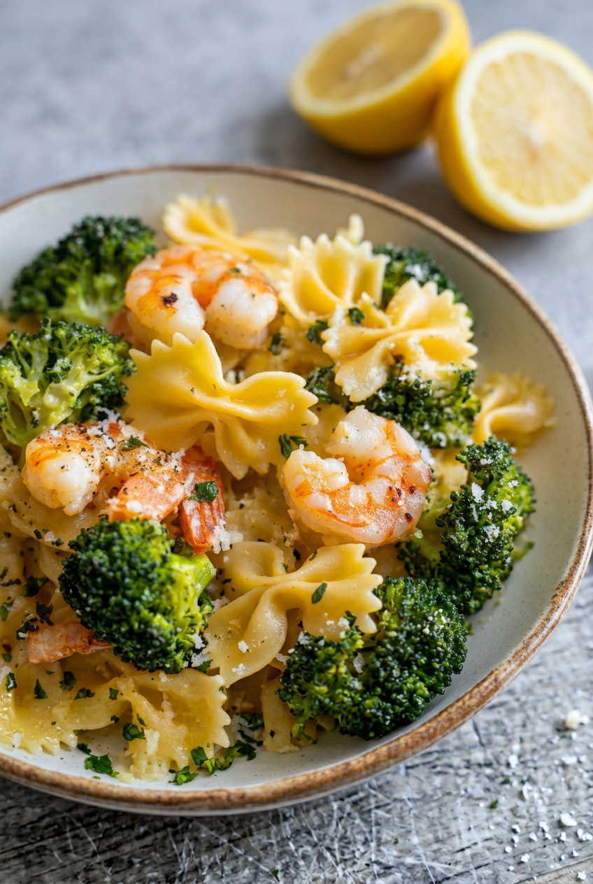 Farfalle Pasta With Shrimp Roasted Broccoli Lemon And Parmesan