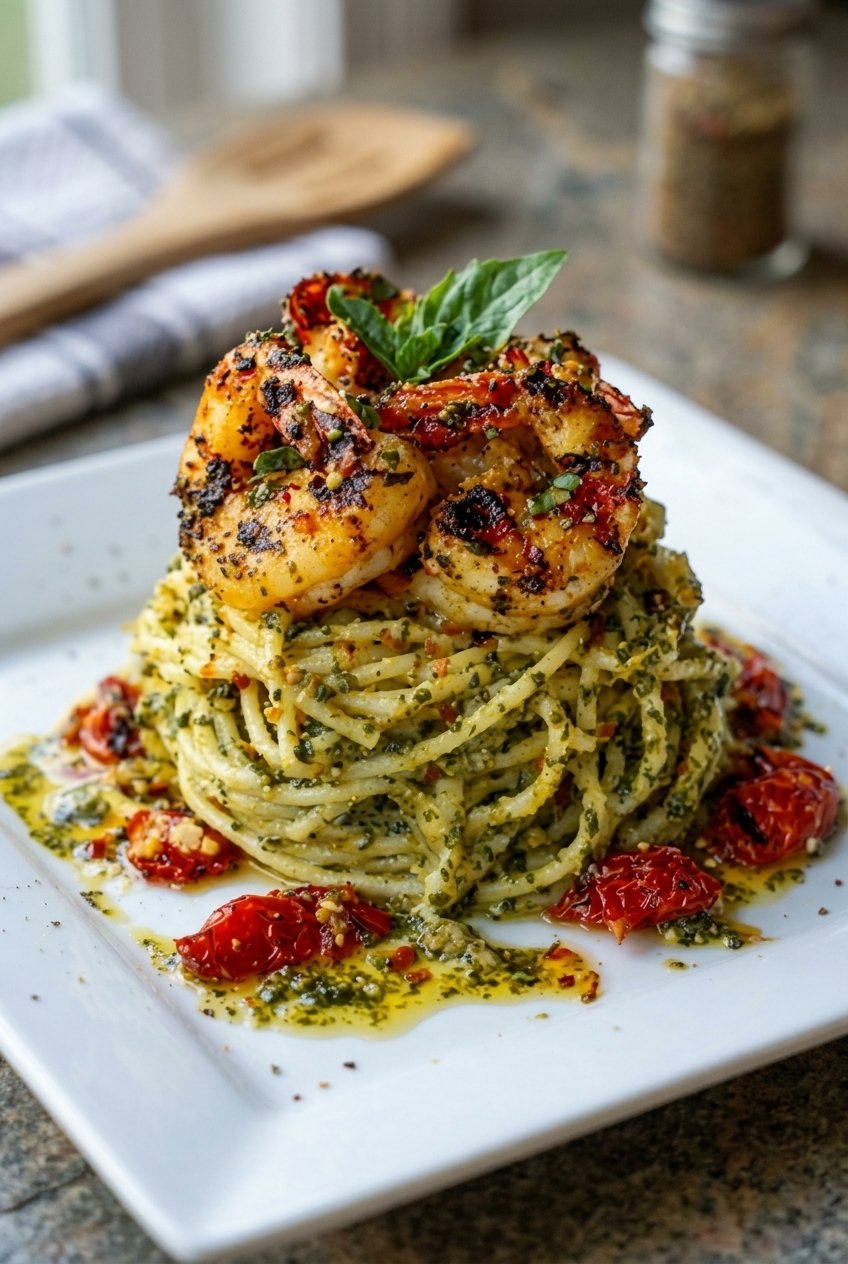 Pesto Pasta And Grilled Shrimp Stack