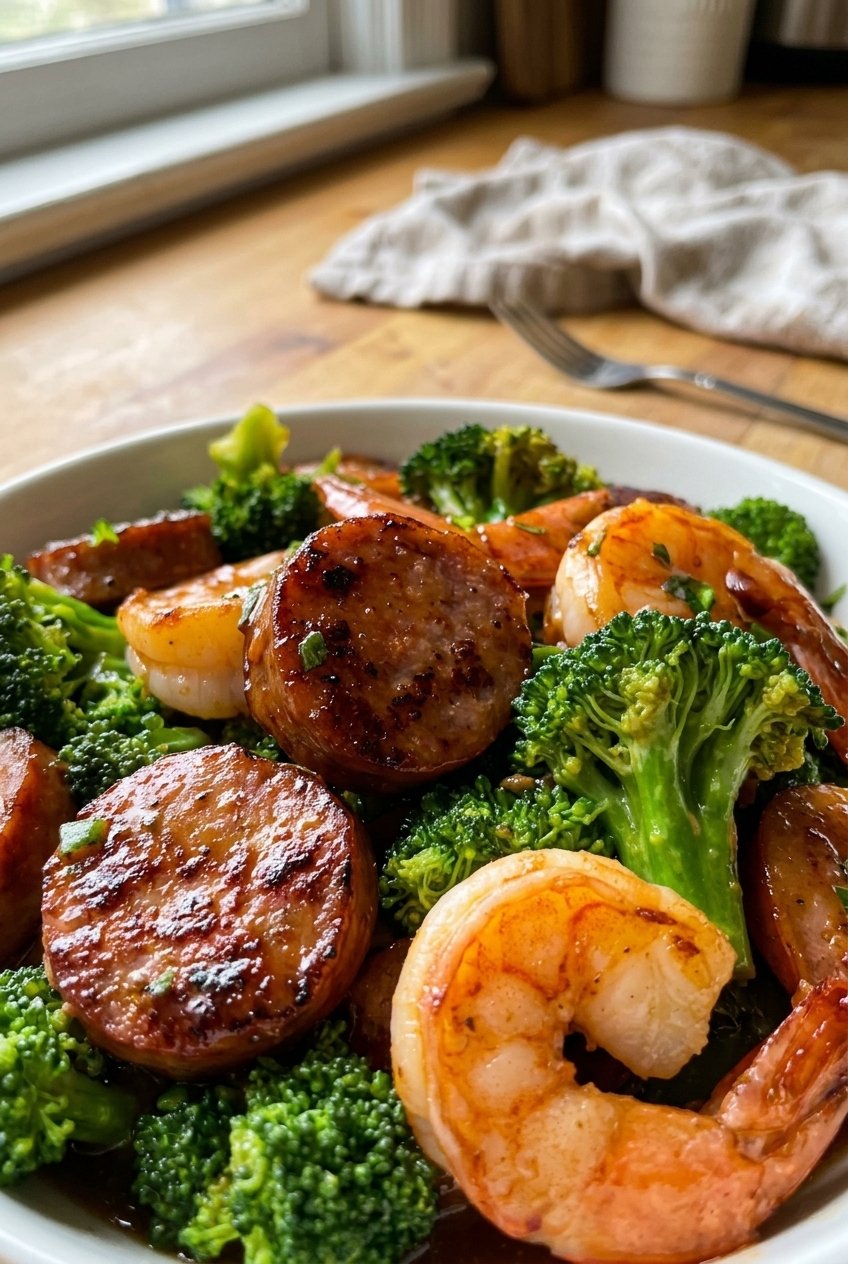 Savory Honey Garlic Shrimp And Sausage With Broccoli