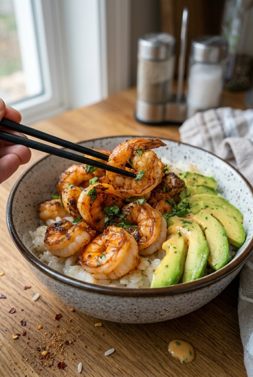 Spicy Shrimp And Avocado Rice Bowl